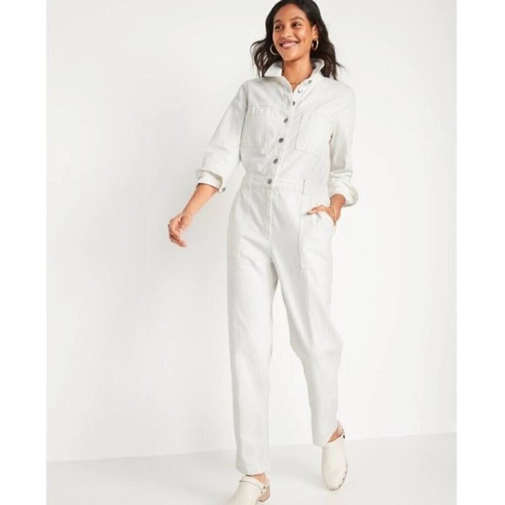 NWT! Old Navy Long-Sleeve Cropped WhiteJean Utility Jumpsuit -  XS Tall